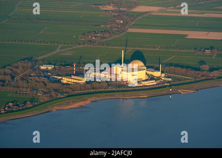 nuclear power station Brokdorf at river Elbe, 18,04.2022, aerial view, Germany, Lower Saxony Stock Photo