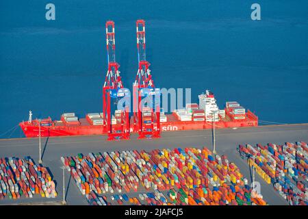 Container ship Monte Rosa, shipping company Hamburg-Sued, 04/18/2022, aerial view, Germany, Hamburg Stock Photo
