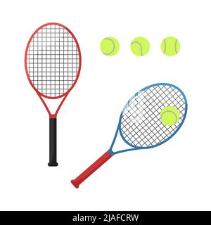Tennis racket and balls isolated. Tennis equipment on white background. Vector set of sports elements. Flat illustration. Stock Vector