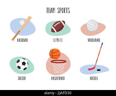 Team sports set. Balls for soccer and football, basketball. Flat vector illustrations of baseball and hockey equipment. Volleyball ball isolated. Stock Vector