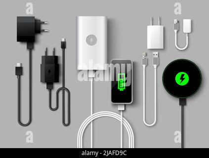 Mobile phone charger supply realistic vector set Stock Vector