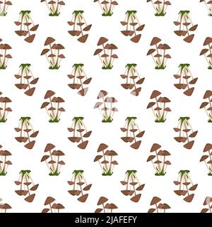 Seamless pattern with toadstool mushrooms with brown caps on thin white legs grow in bunches among the grass on white background. Print of mushroom. Vector flat illustration Stock Vector