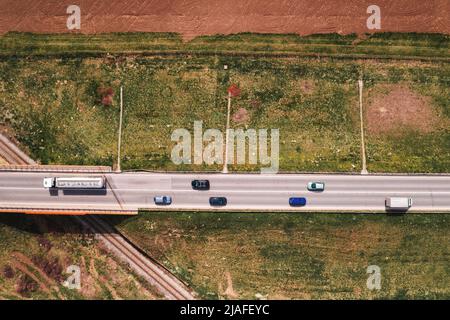 Aerial shot of traffic on the road overpass, top view Stock Photo