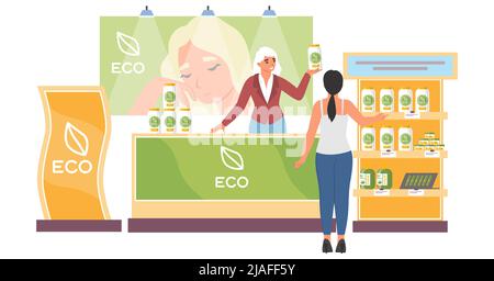 Woman choosing natural cosmetics in beauty store Stock Vector