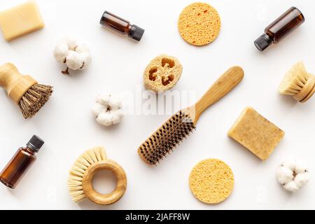 Set of bathing accessories and products with shower sponge and pumice Stock Photo