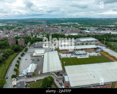 Vale Park , Robbie Williams Homecoming Concert in Burslem Stoke on Trent Aerial Drone View of the Stage being Built and local area Port Vale FC Stock Photo