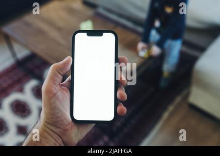 Smartphone mockup, internet of things and smart home concept, man using mobile phone. Close up of hand holding device with blank screen in home interi Stock Photo