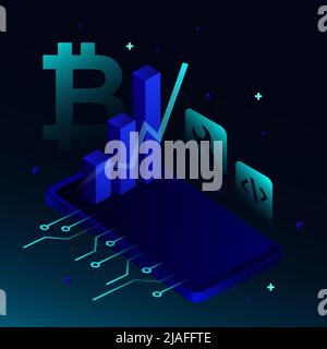 Abstract Square Blockchain Illustration. Coins, Graphs on the Smartphone with Gradient Background. Vector illustration Stock Vector