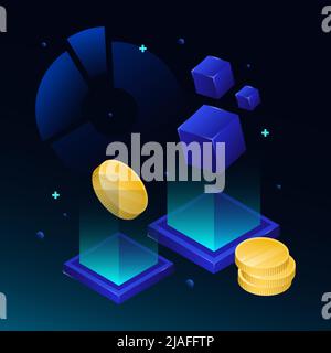 Abstract Blockchain Illustration. Coins, Cubes, Graphs on the Gradient Background. Vector illustration Stock Vector