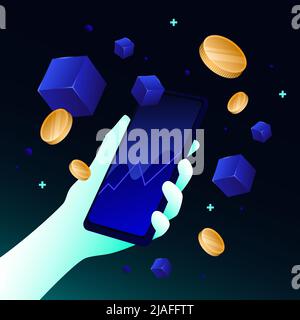 Hand Holding Smartphone. Isometric Coins And Cubes. Vector illustration Stock Vector