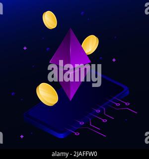 Isometric Rhomb. Wireless Technology Illustration. Diamond on the Smartphone with Cash Flow. Vector illustration Stock Vector