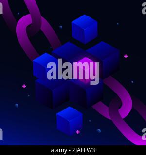 Blockchain Isometric Illustration. Cubes and chain on gradient background. Vector illustration Stock Vector
