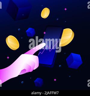 Hand Pointing to Smartphone. Isometric Coins And Cubes on the Background. Vector illustration Stock Vector