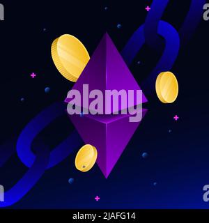 Isometric Rhombus Illustration. Diamond, coins and chain on gradient background. Vector illustration Stock Vector