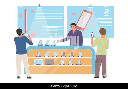 Presenter and visitor at phone exhibition vector Stock Vector