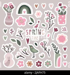 Spring flower sticker set Stock Vector