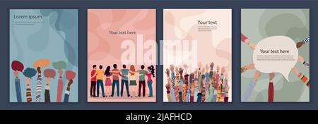 Diversity inclusion and equality concept.Group of people embraced viewed from behind. Raised hands. Hands holding speech bubble.Editable set brochure Stock Vector