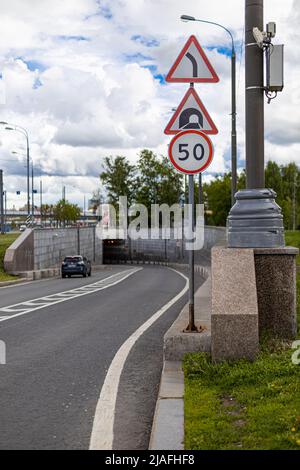 Moscow, Russia - May 28, 2022: road sign warning about entering the tunnel. High quality photo Stock Photo