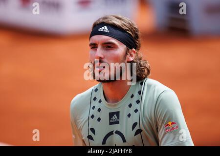 BARCELONA - APR 22: Stefanos Tsitsipas in action during the Barcelona Open Banc Sabadell Tennis Tournament at Real Club De Tenis Barcelona on April 22 Stock Photo