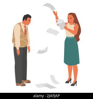 Angry female boss throwing paper scolding employee Stock Vector