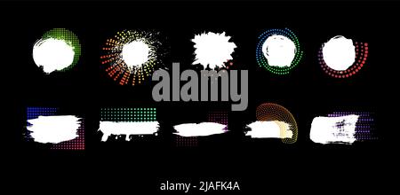 Art design paint splash or ink spots and neon halftone dotted decor. Grunge dirty white strokes, frames and stickers stencils. Bright decorative blobs Stock Vector