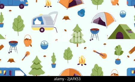 Camping seamless pattern. Camp tent, cars and tree, fire and mushroom. Summer autumn forest adventures print, vector nature background Stock Vector