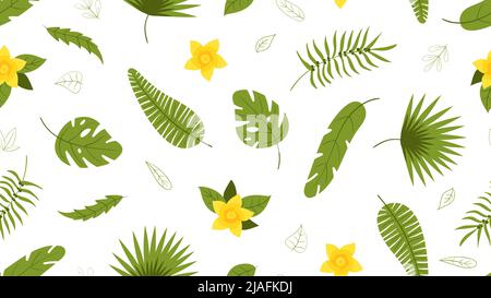 Green tropical plants, leaves and flower. Nature organic seamless pattern. Exotic leaf, bright summer forest elements vector texture Stock Vector