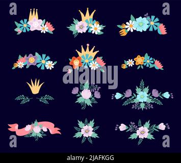 Flower decorations with crowns. Floral crowns, print for decor or media stickers, girl princess design elements. Spring summer cartoon flat plants Stock Vector