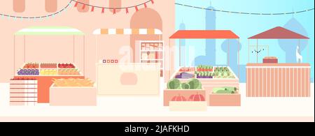 East market street landscape. Fruit vegetables stall, counters with jewelry and spices, hand made decorative gifts. Asian empty shopping bazaar Stock Vector