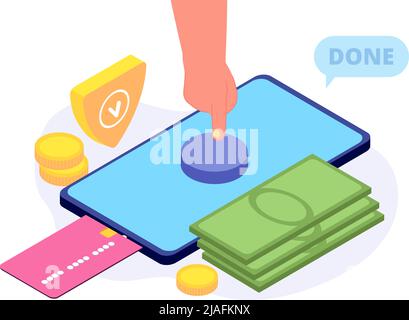 Mobile payments. Hand press button on smartphone screen isometric concept. Financial and banking, money cash and credit card vector scene Stock Vector