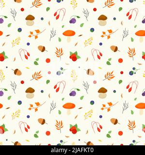 Mushroom, acorn and branches template. Autumn forest nature seamless pattern, yellow orange leaves and bright berries. Seasonal vector background Stock Vector
