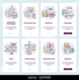 Usage of biometric technology onboarding mobile app screen set Stock Vector