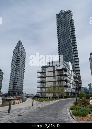 Compton House with Tower East (left tower) and Tower West (right tower) behind, Chelsea Waterfront, Chelsea Harbour, Kensington & Chelsea, London, UK. Stock Photo