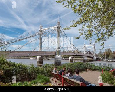 Albert bridge viewed from the south bank of the River Thames in Battersea, Wandsworth, South London, UK. Stock Photo