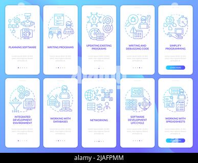 Programmer skills blue gradient onboarding mobile app screen set Stock Vector
