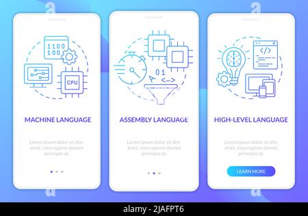 Types of computer languages blue gradient onboarding mobile app screen Stock Vector