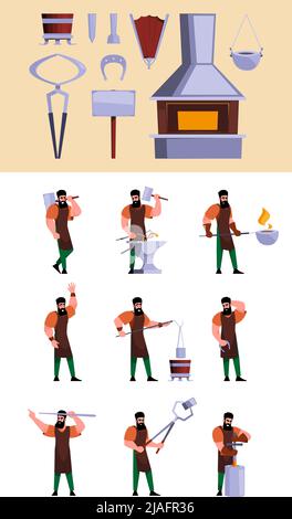 Blacksmith tools. Steel items for heavy industry hammer fire tongs for foundry workshop garish vector colored set Stock Vector