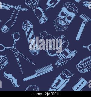 Barber shop pattern. Vintage hairstyles symbols scissors and blade for male beard hairs exact vector seamless background Stock Vector