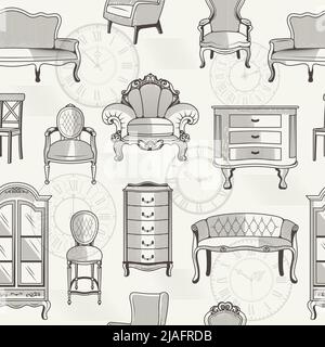 Furniture pattern. Sofa bed chairs and wardrobe pictures for textile design projects recent vector seamless background Stock Vector