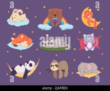 Relaxing animals. Cute sleeping characters funny poses exact vector set isolated Stock Vector