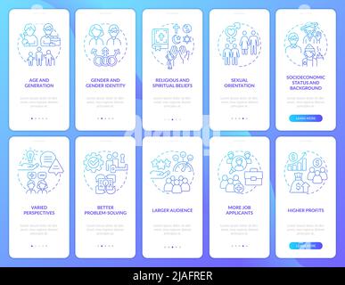 Diversity and inclusion blue gradient onboarding mobile app screen set Stock Vector