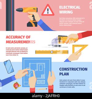 Repair tools banners. Equipment for professional workers hands holding different tools garish vector horizontal printing ads template Stock Vector