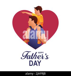 son on his father shoulders on blue background, happy international father's day concept, can be use for card, poster, website, brochure. vector illus Stock Vector