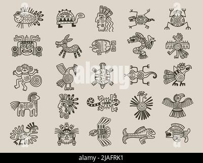 Aztec animals. Mexican tribals symbols maya graphic objects native ethnicity drawings recent vector aztec civilization set Stock Vector