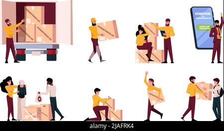 Humanitarian box. Medical donation persons volunteers helping to poor people containers with clothes and food garish vector cartoon set Stock Vector