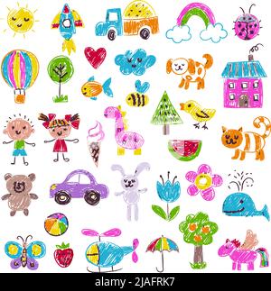 Kids drawing. Pencil hand drawn doodles funny sketches animals house clouds recent vector templates colored set Stock Vector