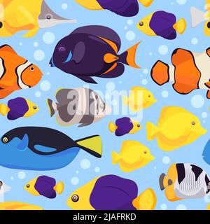 Fishes pattern. Colored wild exotic tropical fishes and underwater life garish vector seamless background Stock Vector