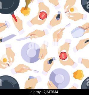 Hands with kitchenware pattern. Frying pan knife and fork in hands restaurant concept garish vector seamless background Stock Vector