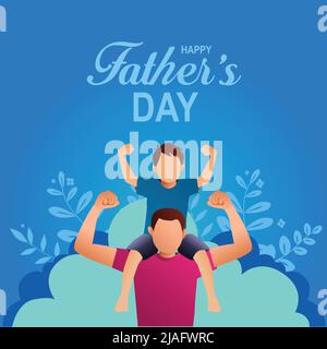 son on his father shoulders on blue background, happy international father's day concept, can be use for card, poster, website, brochure. vector illus Stock Vector