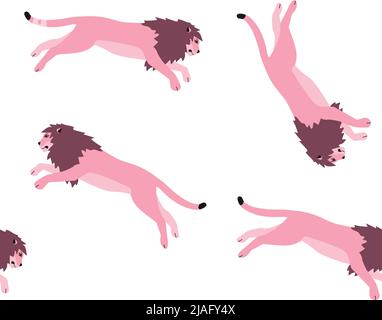 Vector seamless pattern of flat jumping pink lion isolated on white background Stock Vector